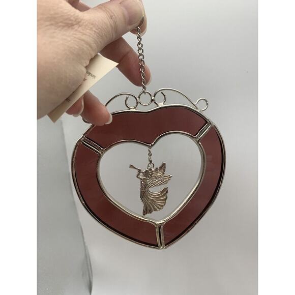 Vintage Viva Heart Cranberry/ Red Stained Glass and Pewter Suncatcher With Angel - Picture 2 of 8